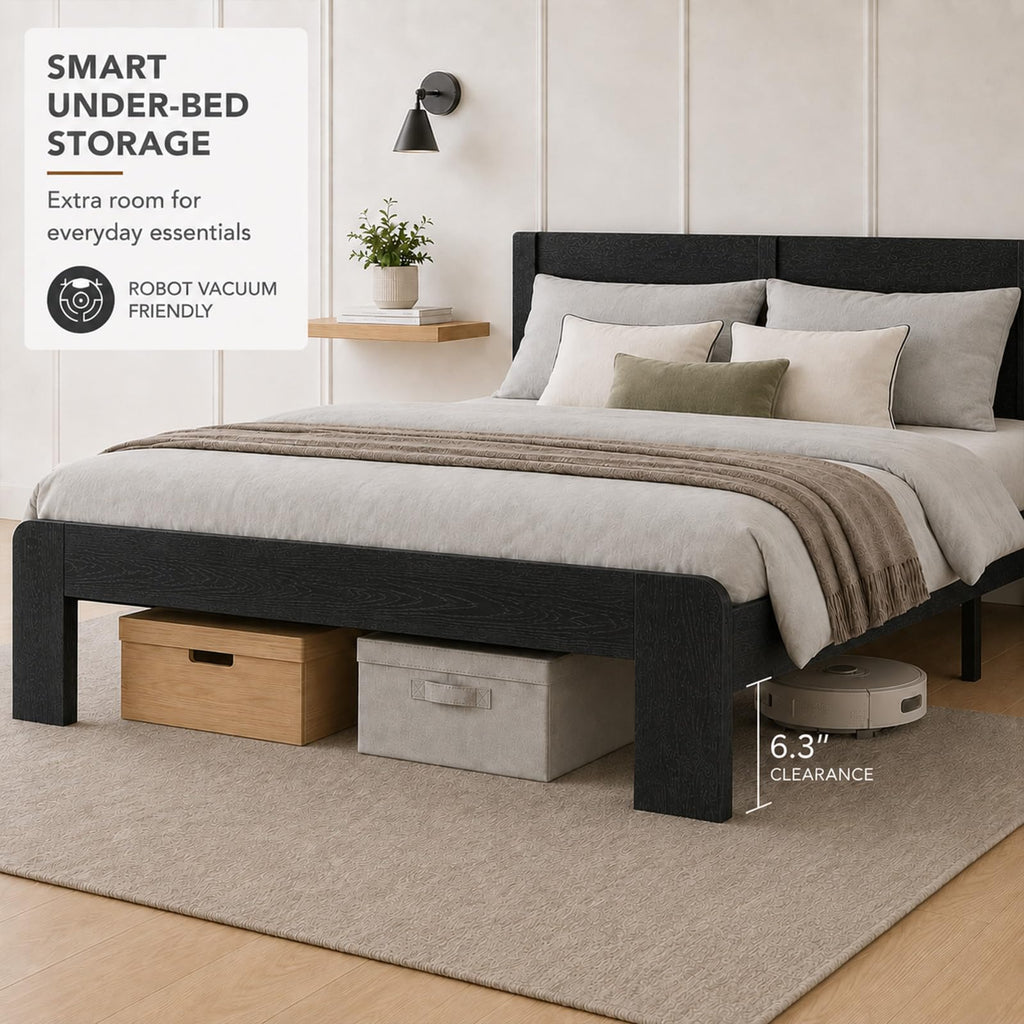 Black Farmhouse Wooden Bed Frame with 44.1" Headboard