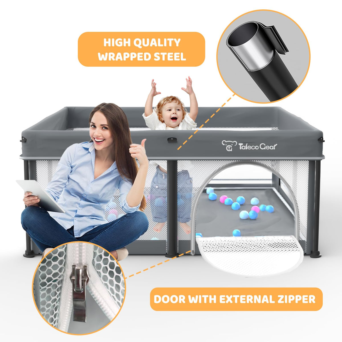 Taleco Gear Foldable Baby Play Pen with Mat, 50''x50'' Playpen for Babies and Toddlers, Playpen for Baby with Gate