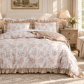 Ruffled Duvet Cover Set, 100% Cotton Brown Floral Bedding