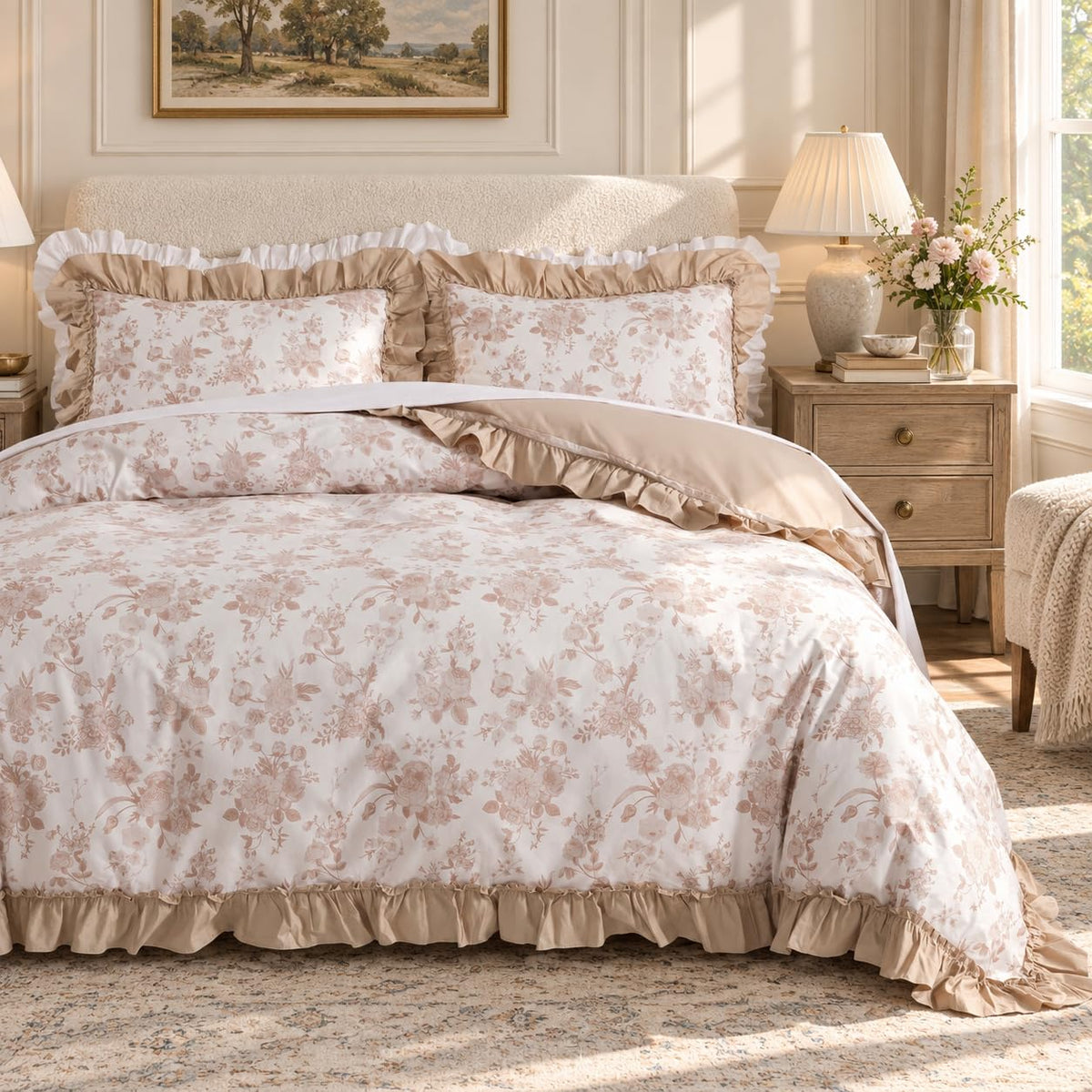 Ruffled Duvet Cover Set, 100% Cotton Brown Floral Bedding