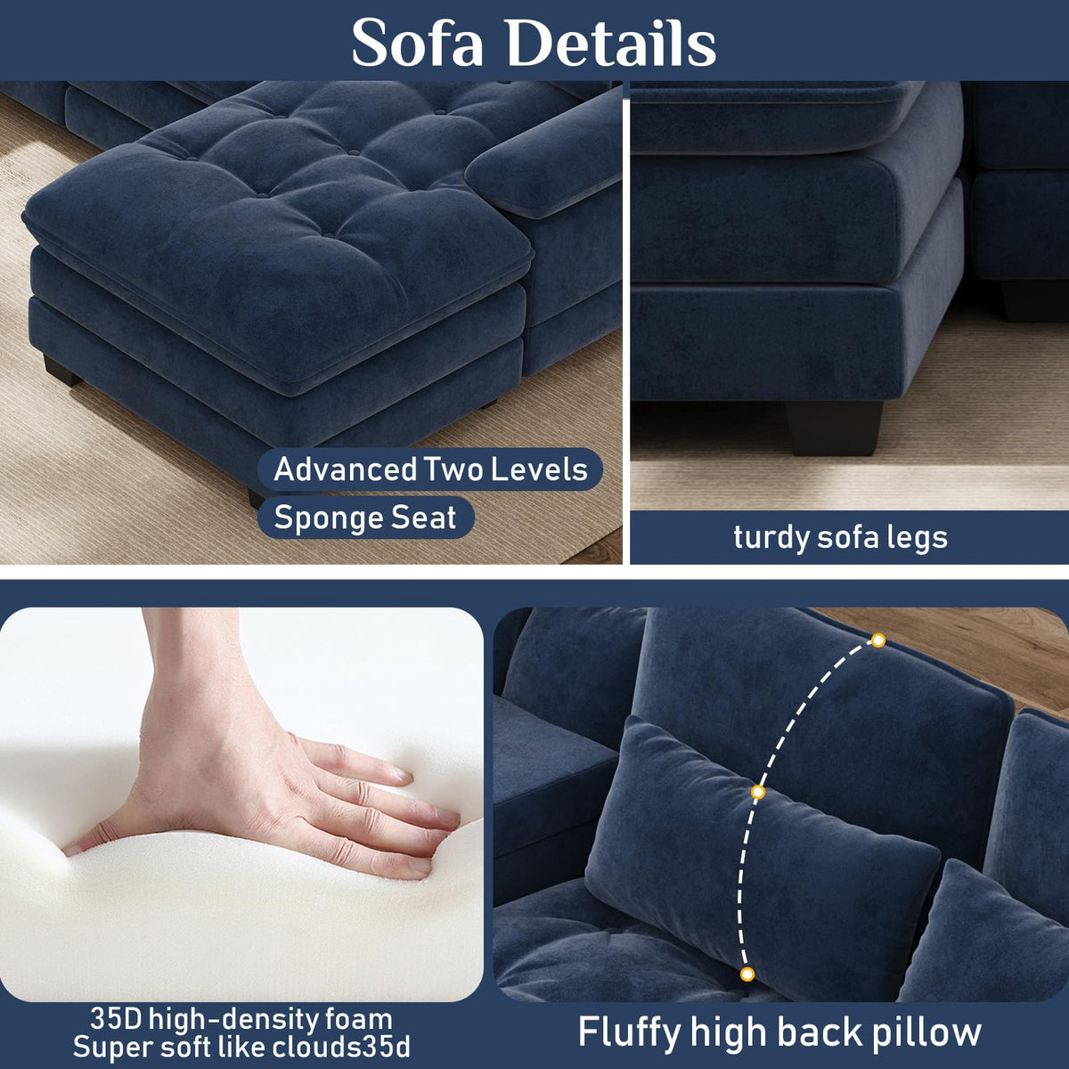 134" Oversized U-Shaped Sectional Couches, Blue