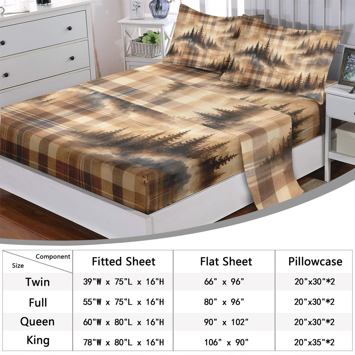Misty Pine Bedding Collection, Beige Check Tree Silhouette 4 Piece with Fitted and Flat Sheets, 2 Pillowcases