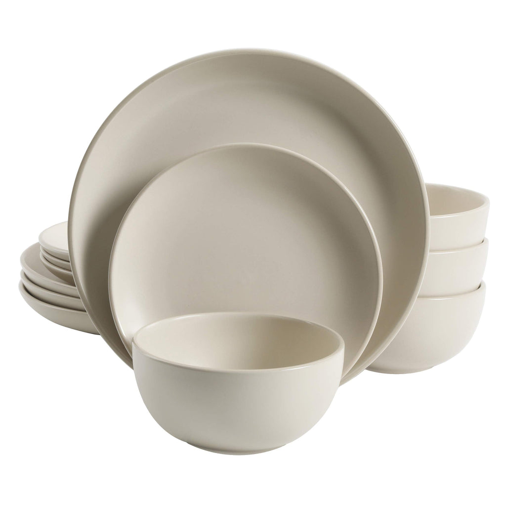 Rockaway 12-Piece Round Stoneware Dinnerware Set, Service for 4 - Cream Plates and Bowls, Modern Matte Finish
