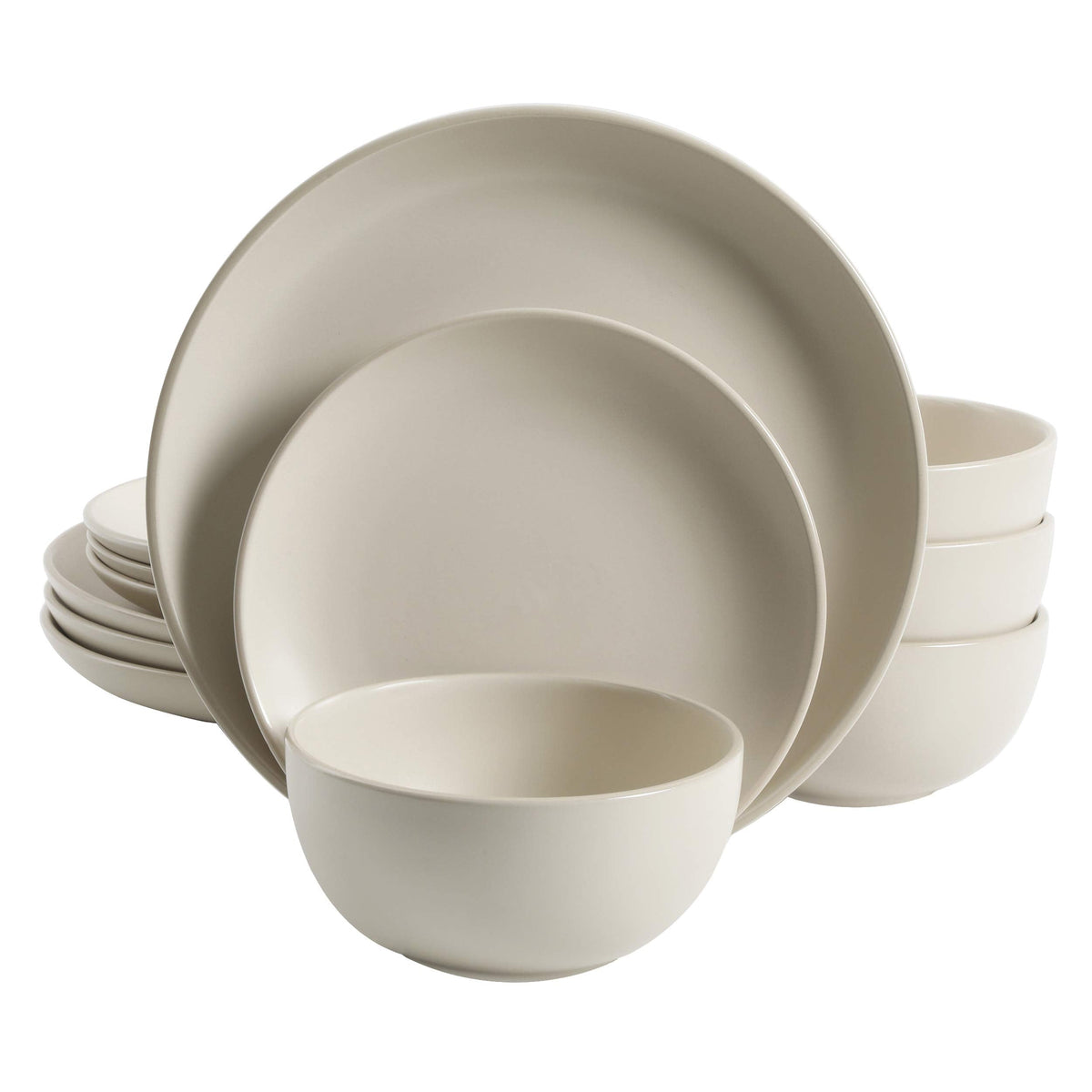 Rockaway 12-Piece Round Stoneware Dinnerware Set, Service for 4 - Cream Plates and Bowls, Modern Matte Finish