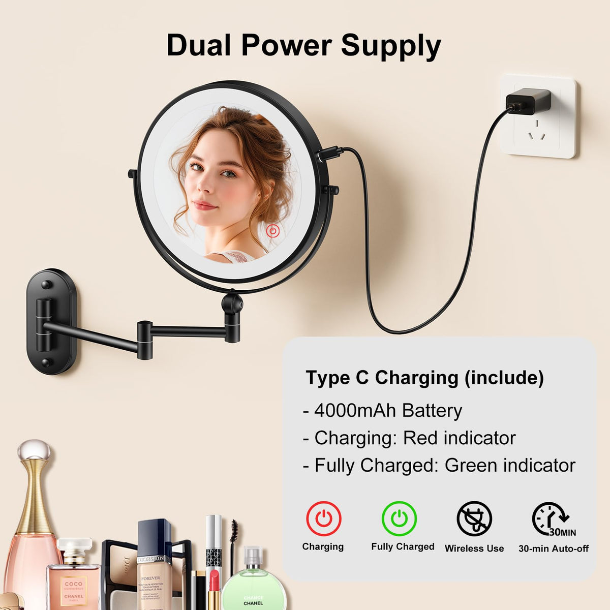 9" Wall Mounted Lighted Makeup Mirror