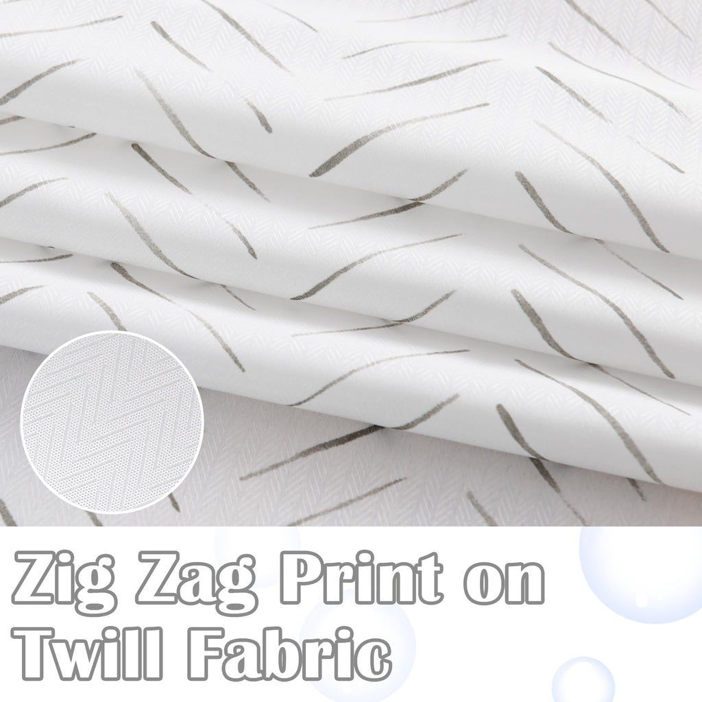 Extra Long Taupe Grey and White Inky Herringbone Chevron Zig Zag Waterproof Fabric Modern Farmhouse Shower Curtains