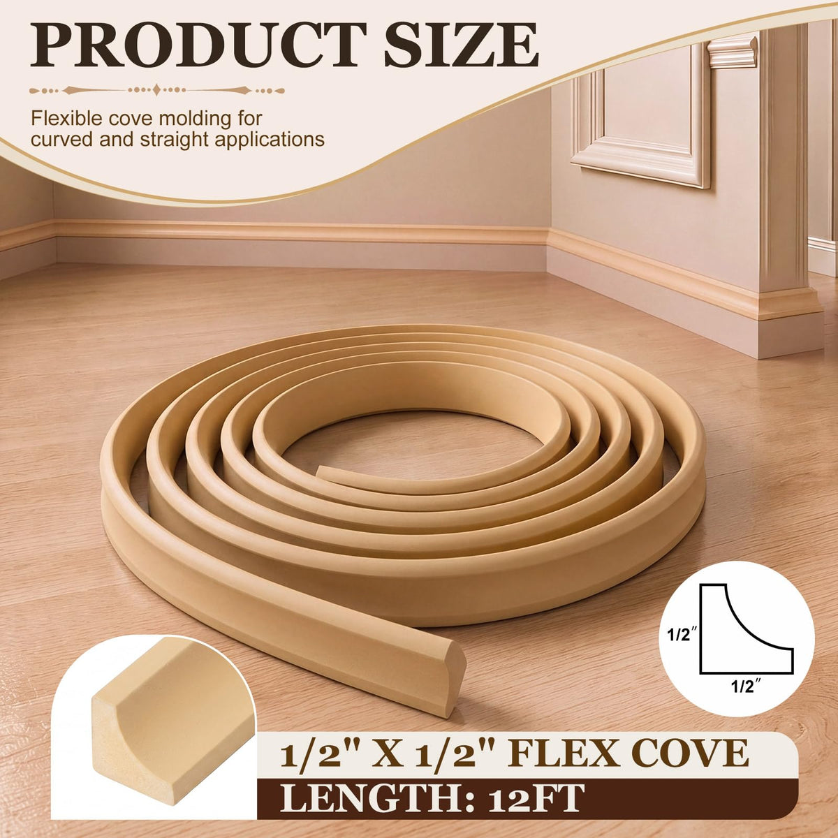 Flexible Cove Molding, 1/2" Thick x 1/2" Wide x 12 ft Long