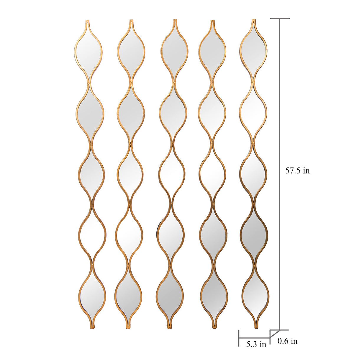 Set of 5 Extra Long Skinny Teardrop Wall Mirrors, Gold Wall Art