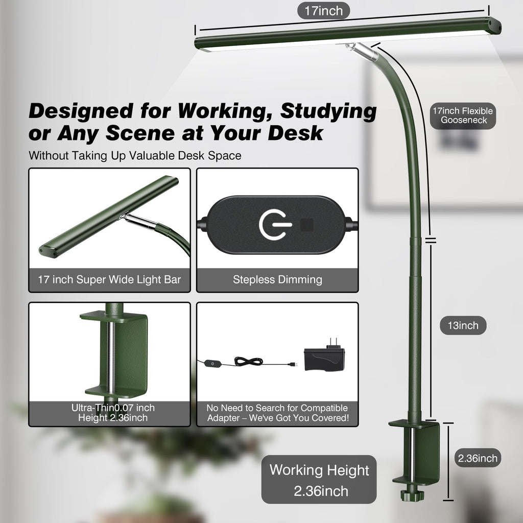 LED Desk Lamp with Clamp, 17" Stepless Dimming Light, Green