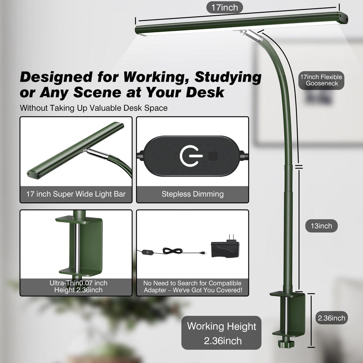 LED Desk Lamp with Clamp, 17" Stepless Dimming Light, Green