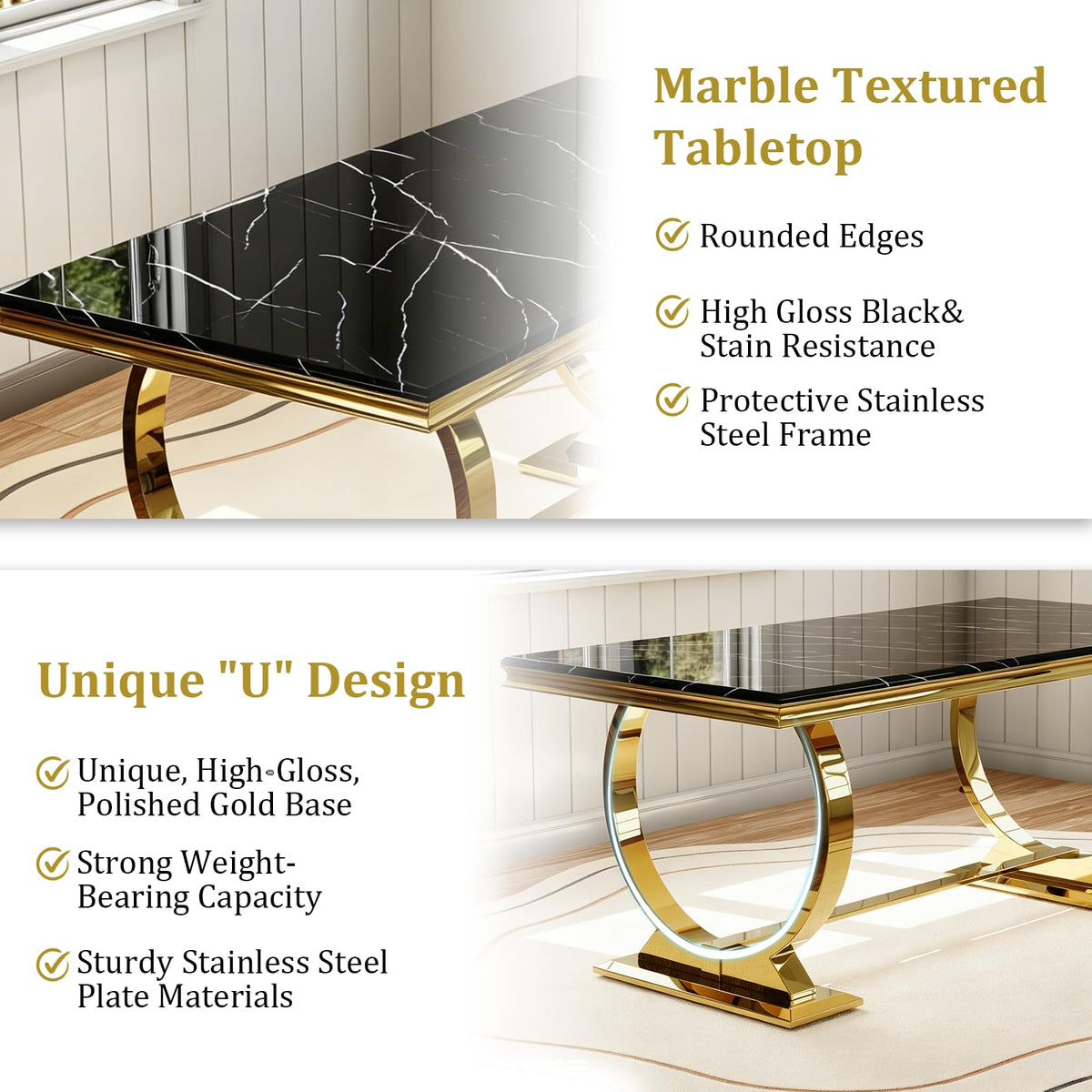 Black and Gold Dining Table, Faux Marble Top, Metal Frame and U-Base