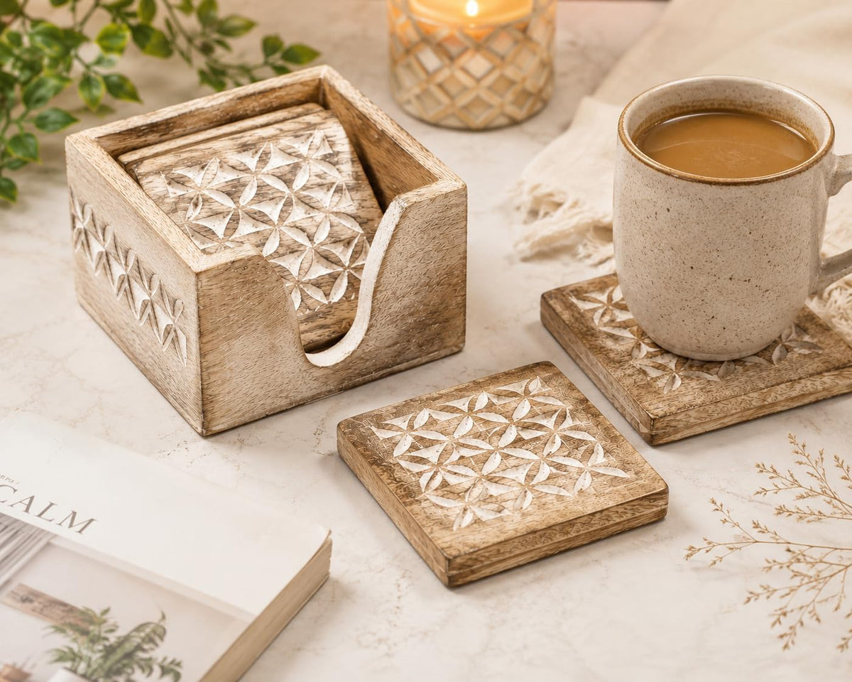 Wooden Coasters with Holder Stand | Whitewash Distressed Wooden Drink Coasters for Coffee, Tea & Wine - Set of 6