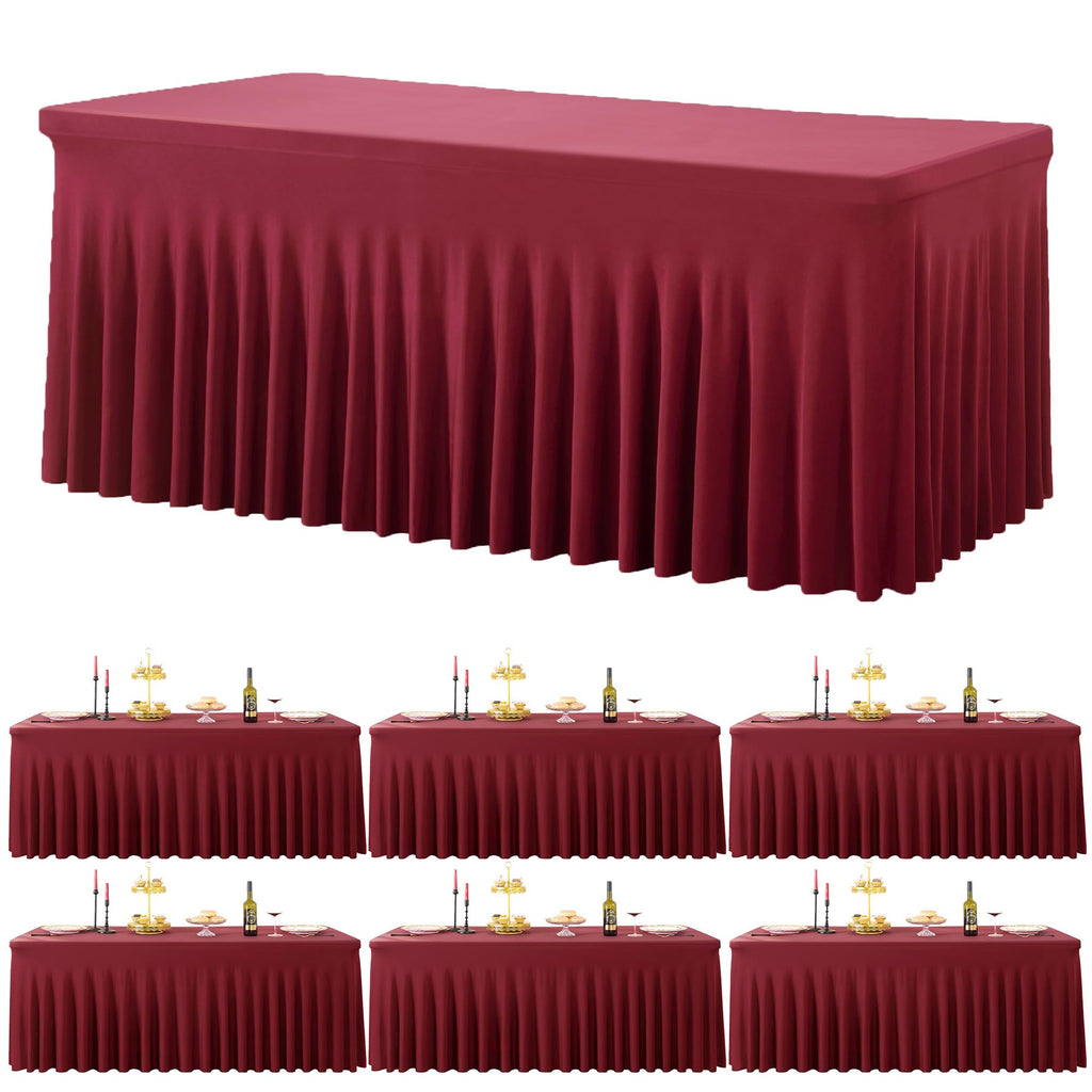 6 Pack Burgundy Spandex Tablecloth for 6 Foot Rectangle Tables, Wrinkle Free Fitted Table Cloth Cover 6ft Maroon