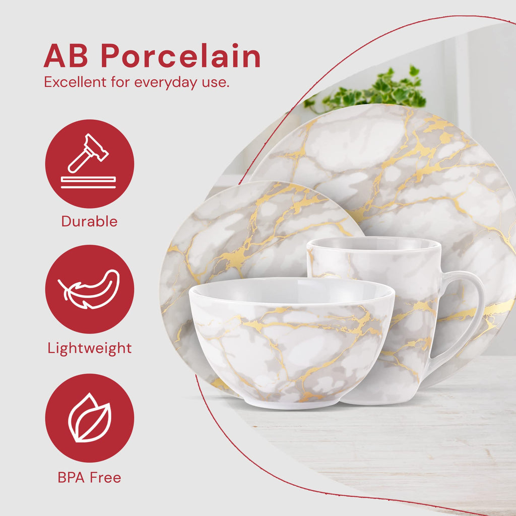 & Co 16-Piece Modern Premium Porcelain Ceramic Dinner Set, Lightweight Designed, Stackable, in Gold Marble/Gray Finish