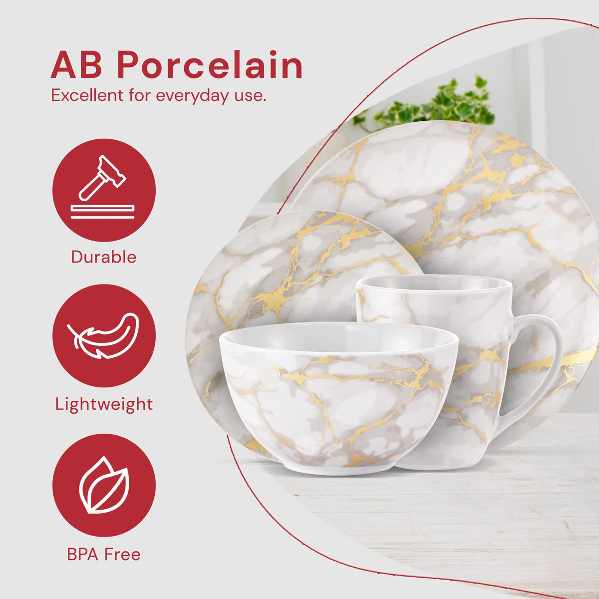 & Co 16-Piece Modern Premium Porcelain Ceramic Dinner Set, Lightweight Designed, Stackable, in Gold Marble/Gray Finish