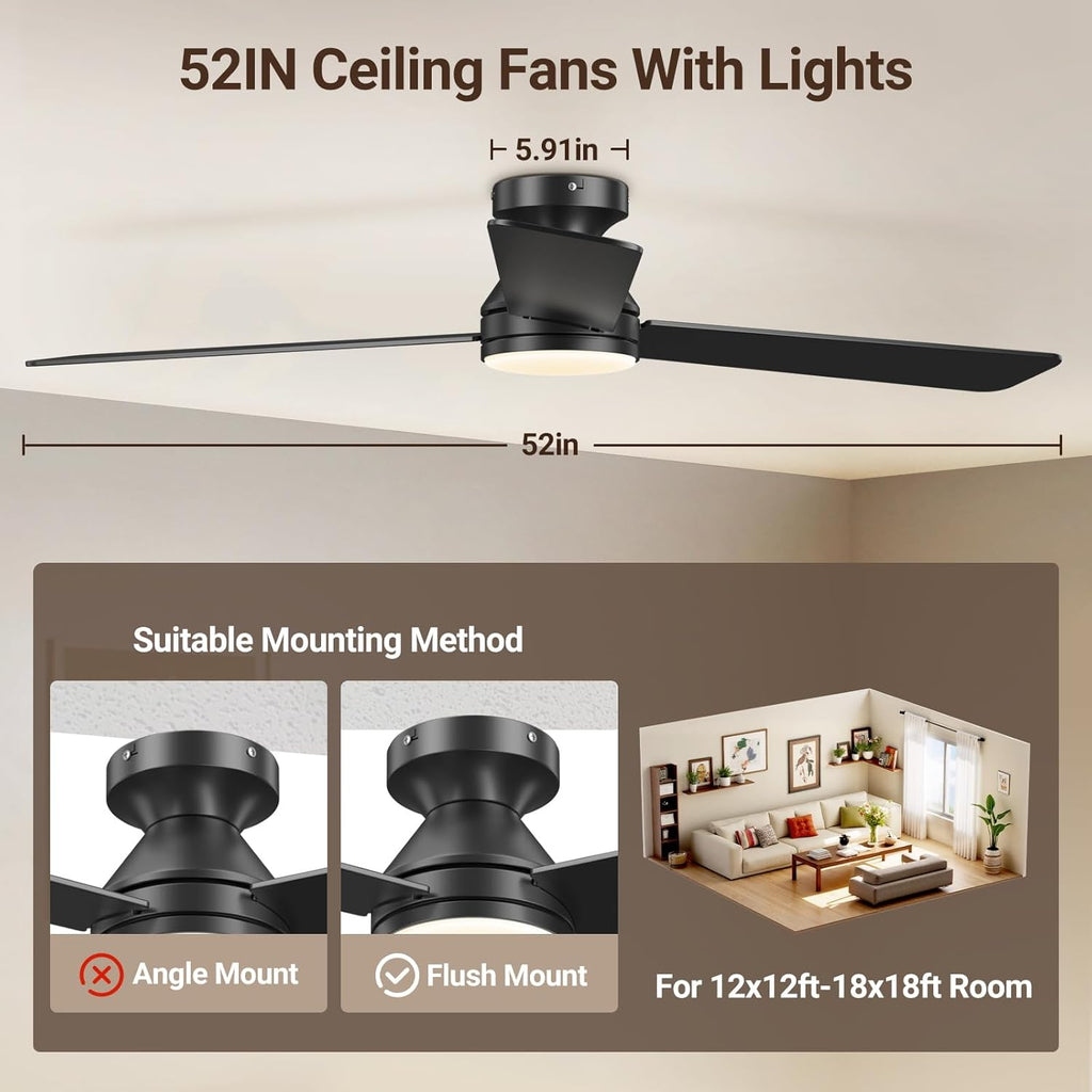 52" Indoor/Outdoor Flush Mount Ceiling Fan with Light & Remote