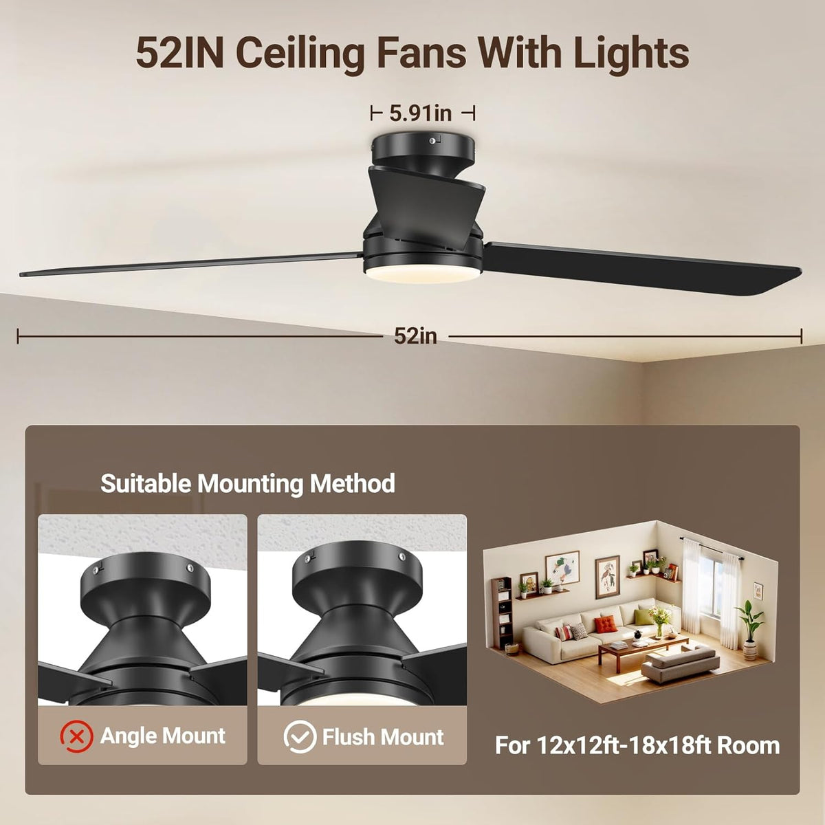 52 Inch Low Profile Ceiling Fan with Light and Remote Control,Reversible, LED Dimmable for Bedroom Living Room Indoor/Outdoor Patio Use
