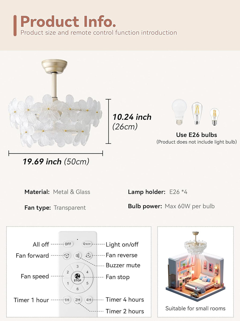 20" Gold Crystal Ceiling Fan with Light & Remote