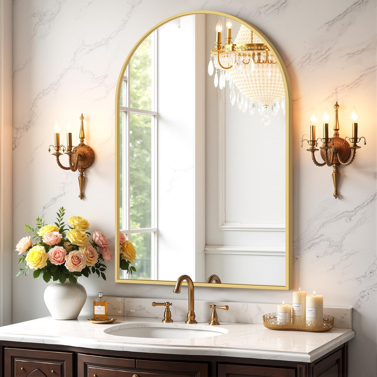 Bathroom Mirror for Wall, 36x24 Inch Arched Mirror, Matte Gold Metal Framed Bathroom Vanity Mirrors for Restroom