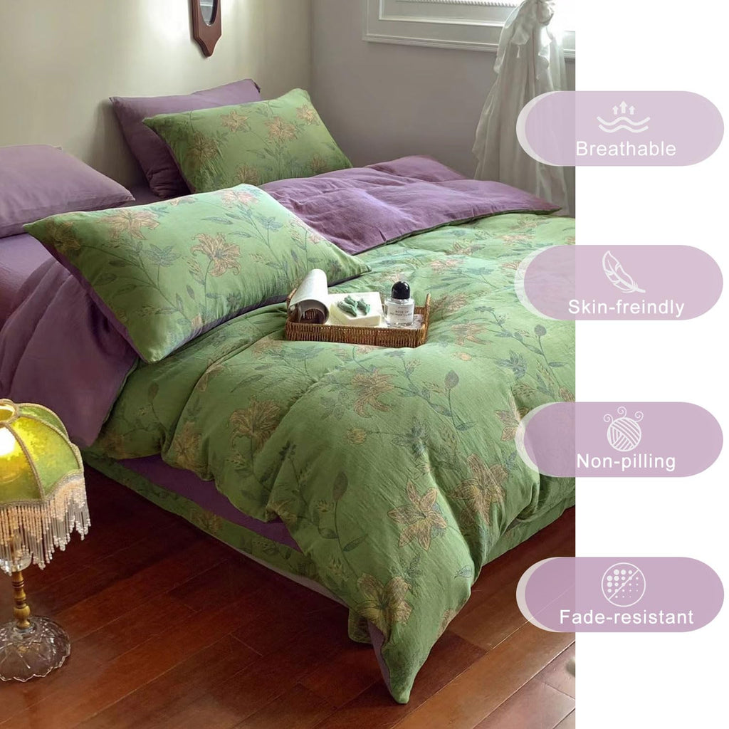 Linen Cotton Jacquard Duvet Cover Queen, 3 Pcs Yarn-Dyed Textured Duvet Cover Set Green Purple Floral Bedding
