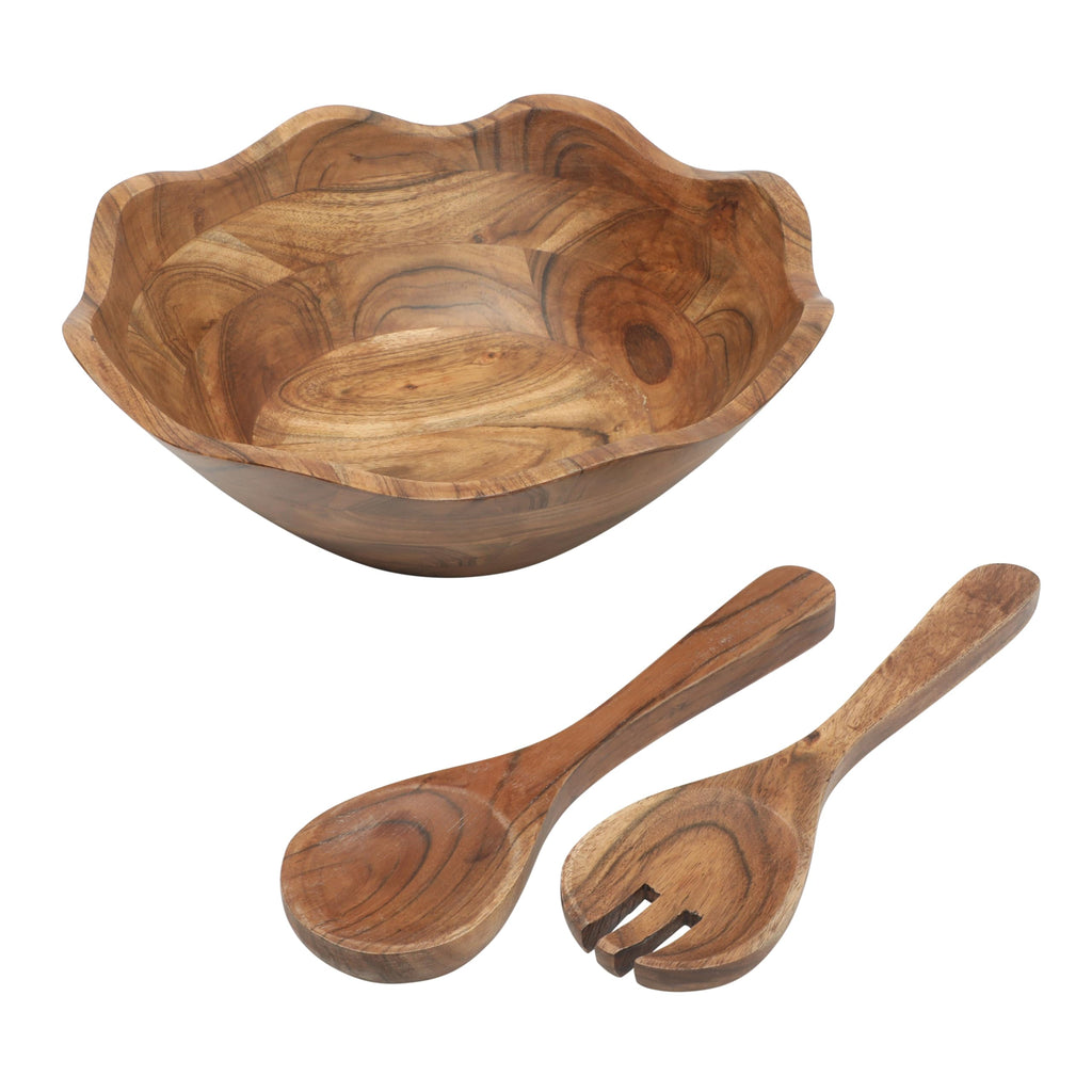 Sandhurst 3-Piece Acacia Wood Salad Bowl Set - 12-Inch Scalloped Serving Bowl with Wooden Salad Servers