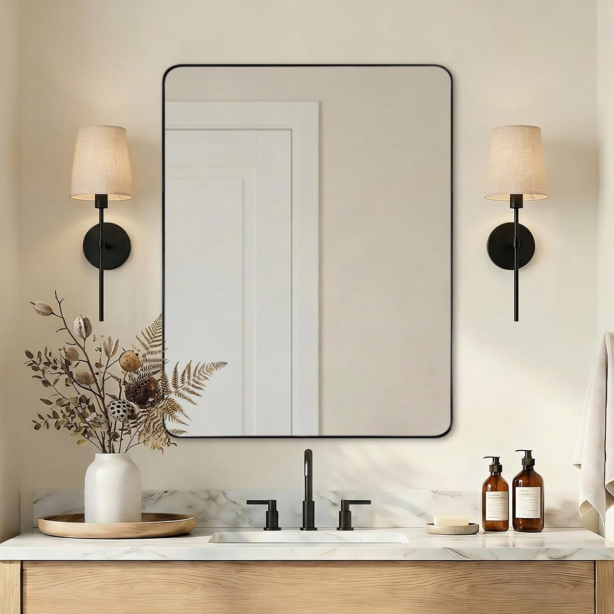 Wall Mirror, 30"x40" Black Bathroom Mirror, Modern Rounded Rectangle Metal Frame Mirror for Vanity, Matte Stainless