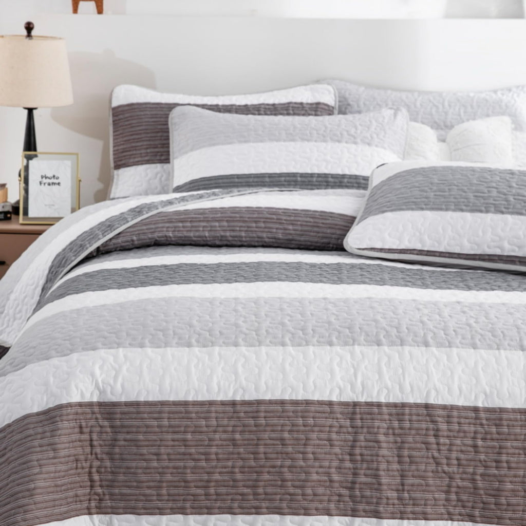 Classic Striped Quilt Set Grey White Brown Horizontal Stripe Bedding