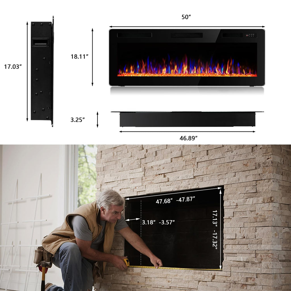50 Inch Ultra Thin Electric Fireplace-Narrow Bezel Linear Fireplace Heater Recessed Wall Mounted, Remote and Screen