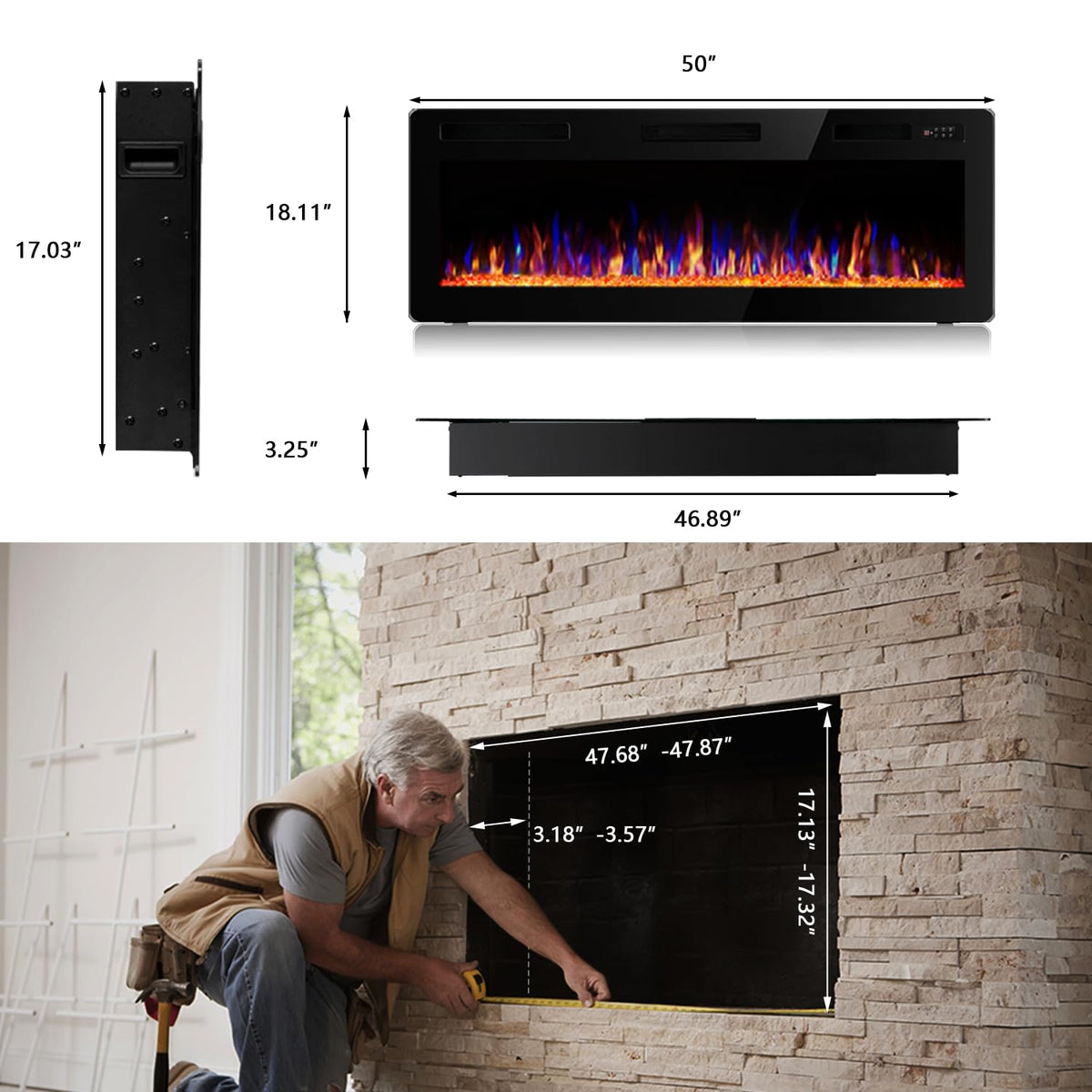 50 Inch Ultra Thin Electric Fireplace-Narrow Bezel Linear Fireplace Heater Recessed Wall Mounted, Remote and Screen