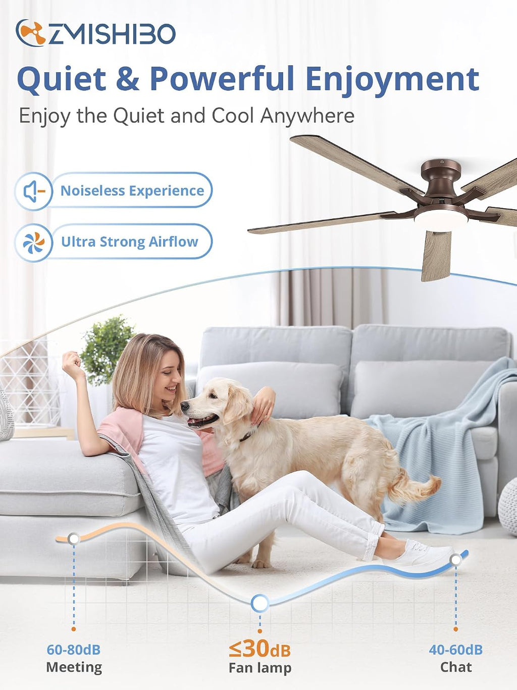 60" Brown Flush Mount Ceiling Fan with Light & Remote