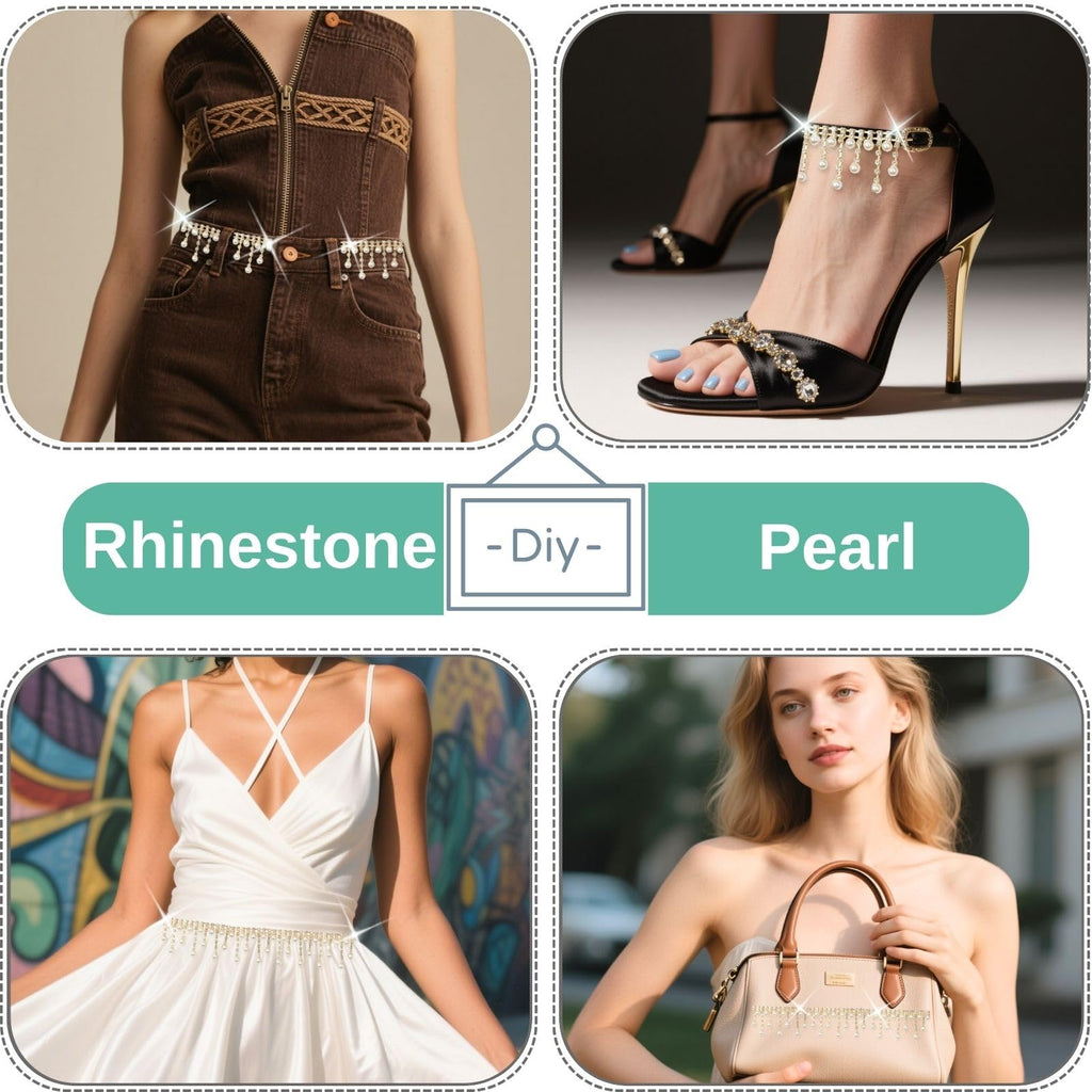 Pearl Rhinestone Trim Chain Crystal Fringe Gold Diamond Applique Ribbon String Tassel Strip for Sewing Wedding - 1 Yard