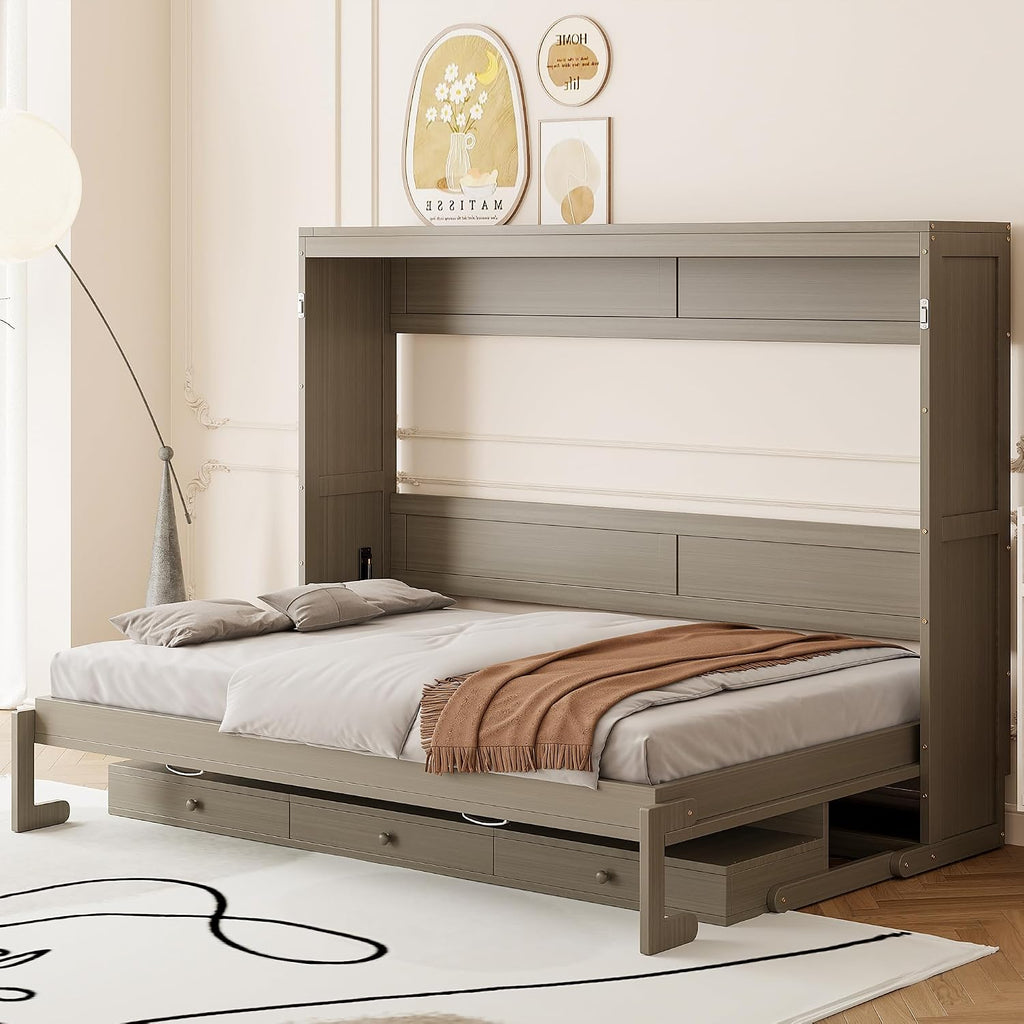 Queen Horizontal Murphy Bed with Desk and Storage Drawers & Mirror, Wood Farmhouse Folding Murphy Bed Cabinet with Storage Drawers and Vanity Desk, for Adults (Distressed Gray)