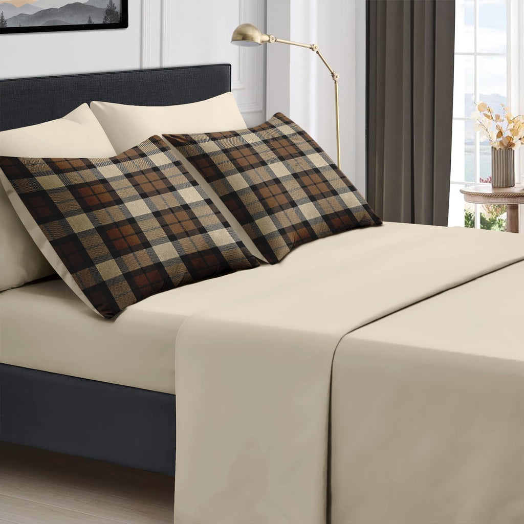 Comforter Set with Sheets, 7 Pieces Plaid Brown Bedding
