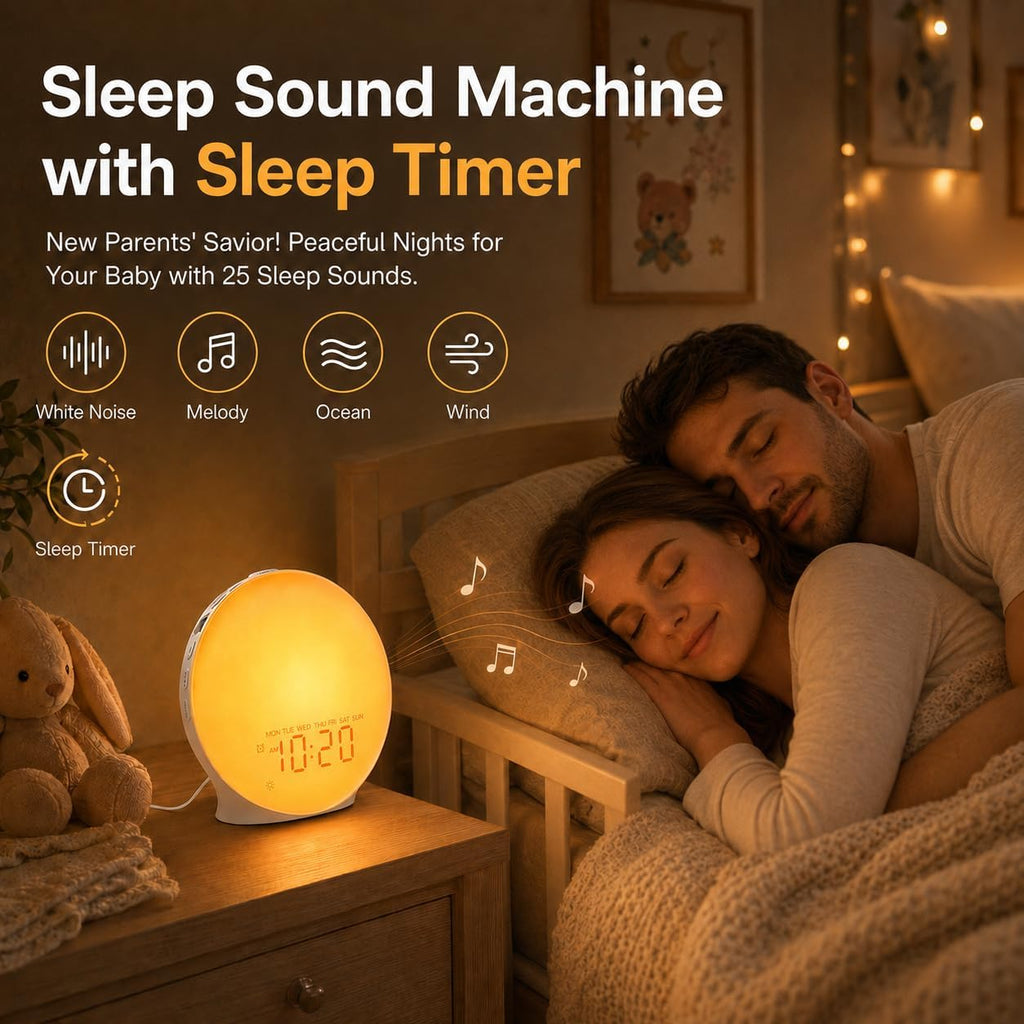 Sunrise Alarm Clock White Noise Machine with 25 Nature Sleep Sounds, Fully Dimmable Clock, Heavy Sleepers, 17 Light