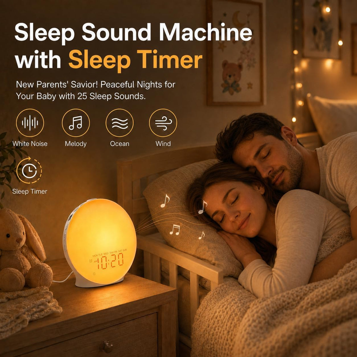Sunrise Alarm Clock White Noise Machine with 25 Nature Sleep Sounds, Fully Dimmable Clock, Heavy Sleepers, 17 Light
