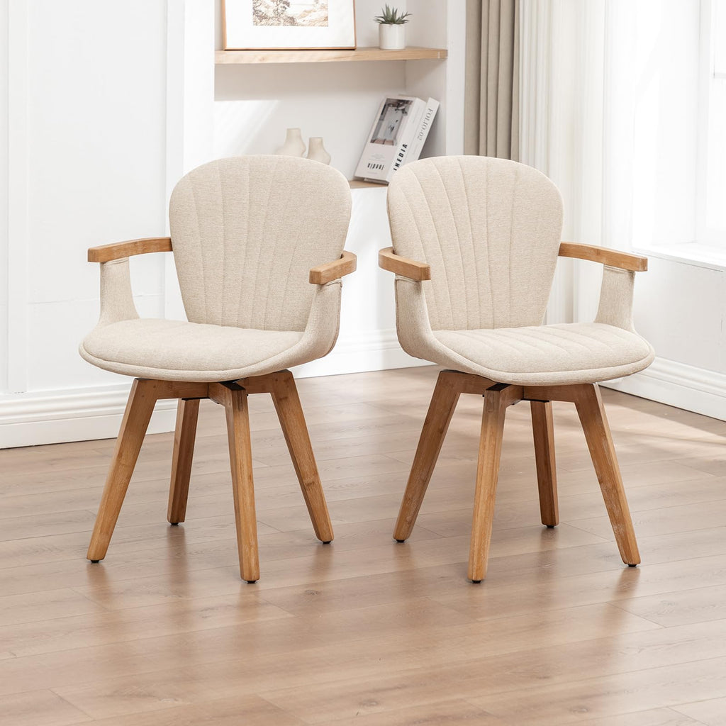 Swivel Dining Chairs Set of 2 with Arms Mid Century Modern Beige Charcoal Linen Look Fabric Kitchen Chairs, Bamboo