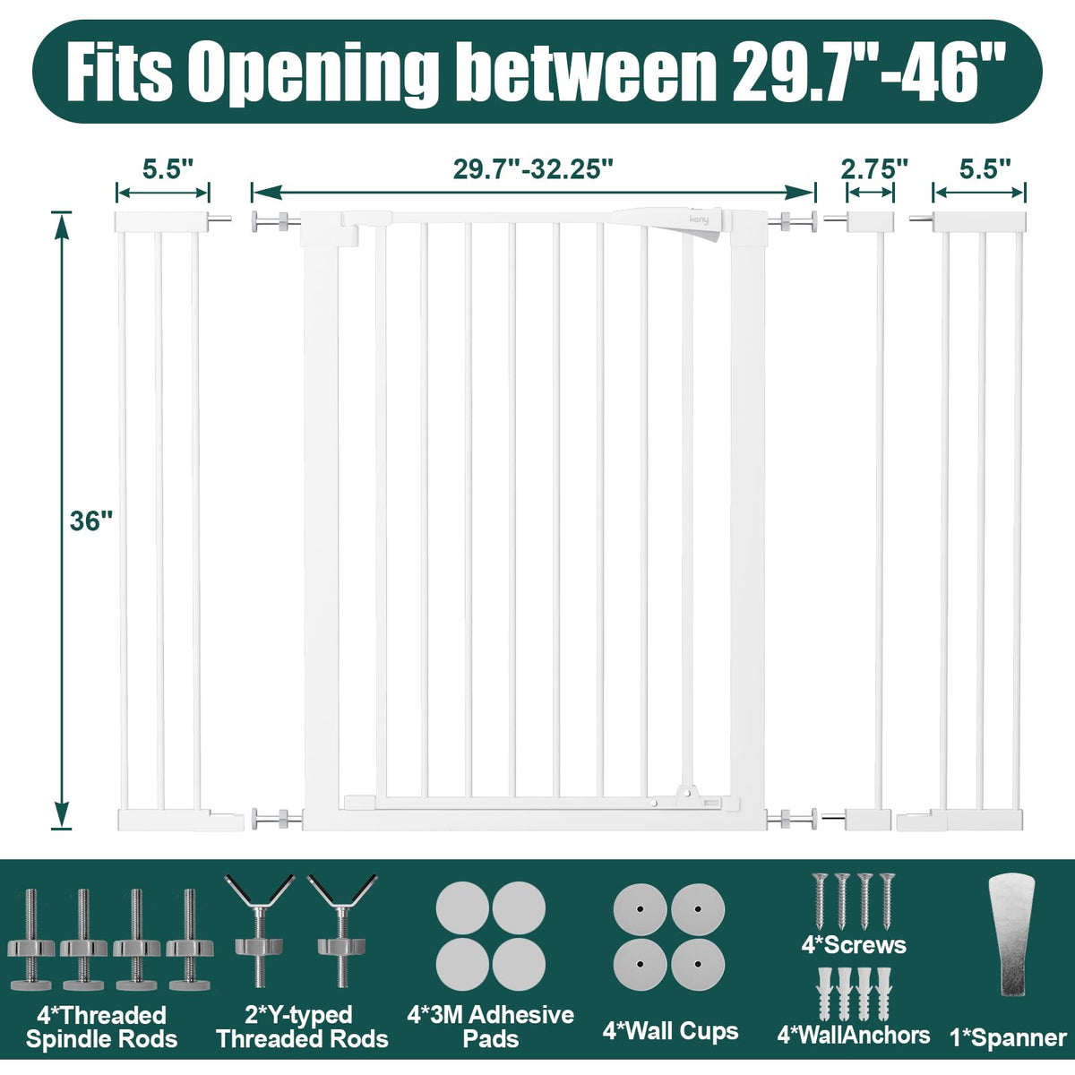 36" Extra Tall Baby Gate for Doorways, Fits 29.7" to 46" Openings