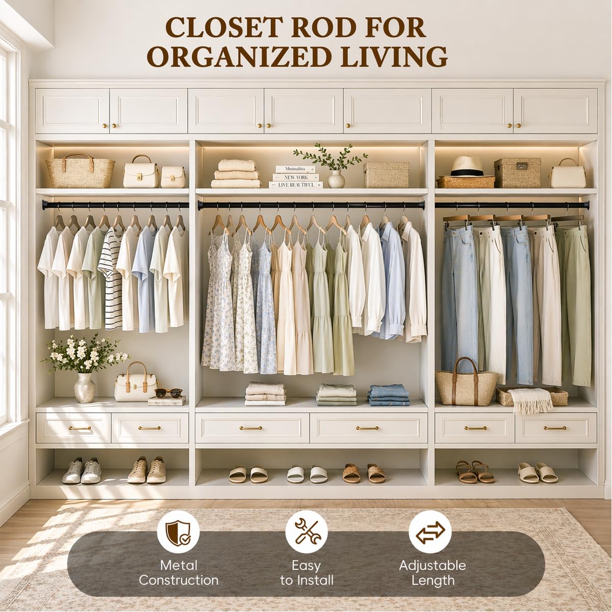 Closet Rod, 17-69 IN Closet Rods for Hanging Clothes, Black