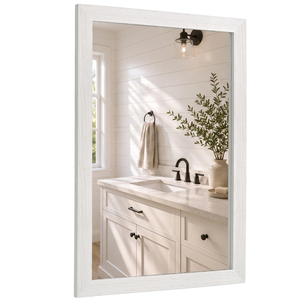 24"x36" Farmhouse Wall Mirror for Mantle & Bathroom, Distressed White Wood Texture, Coastal Rustic Vanity Mirror for