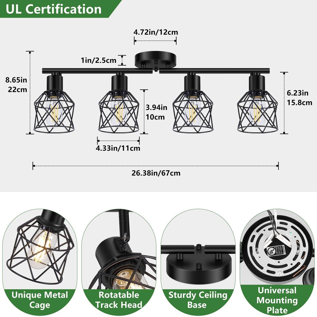 4-Lights Semi Flush Mount Ceiling Light, Adjustable Multi-Directional Light Fixtures, Rotatable Farmhouse Light