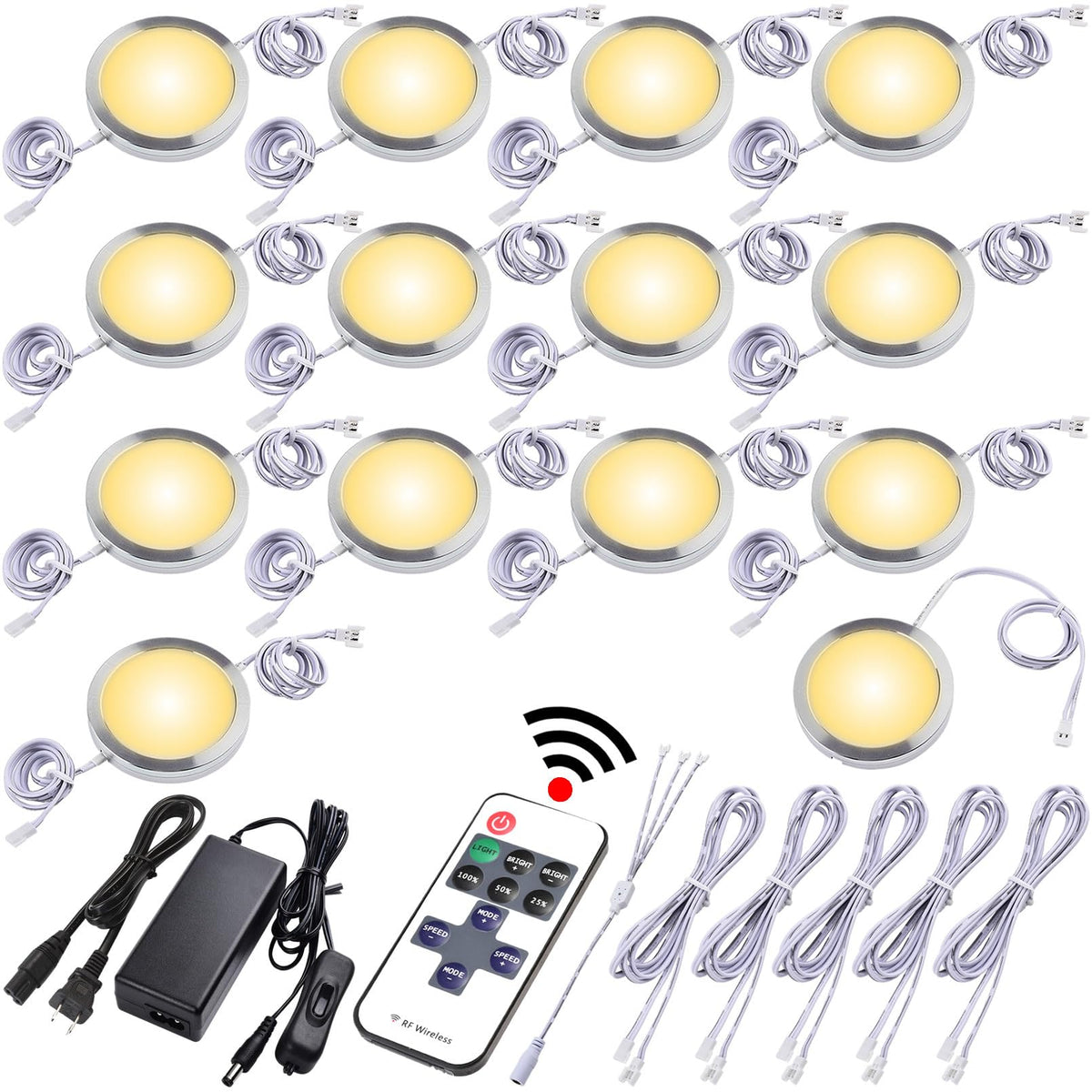 Under Cabinet LED Puck Lights, Counter Closet Lighting, Daisy Chained linkable, 110V Plug-in & Direct Hardwiring