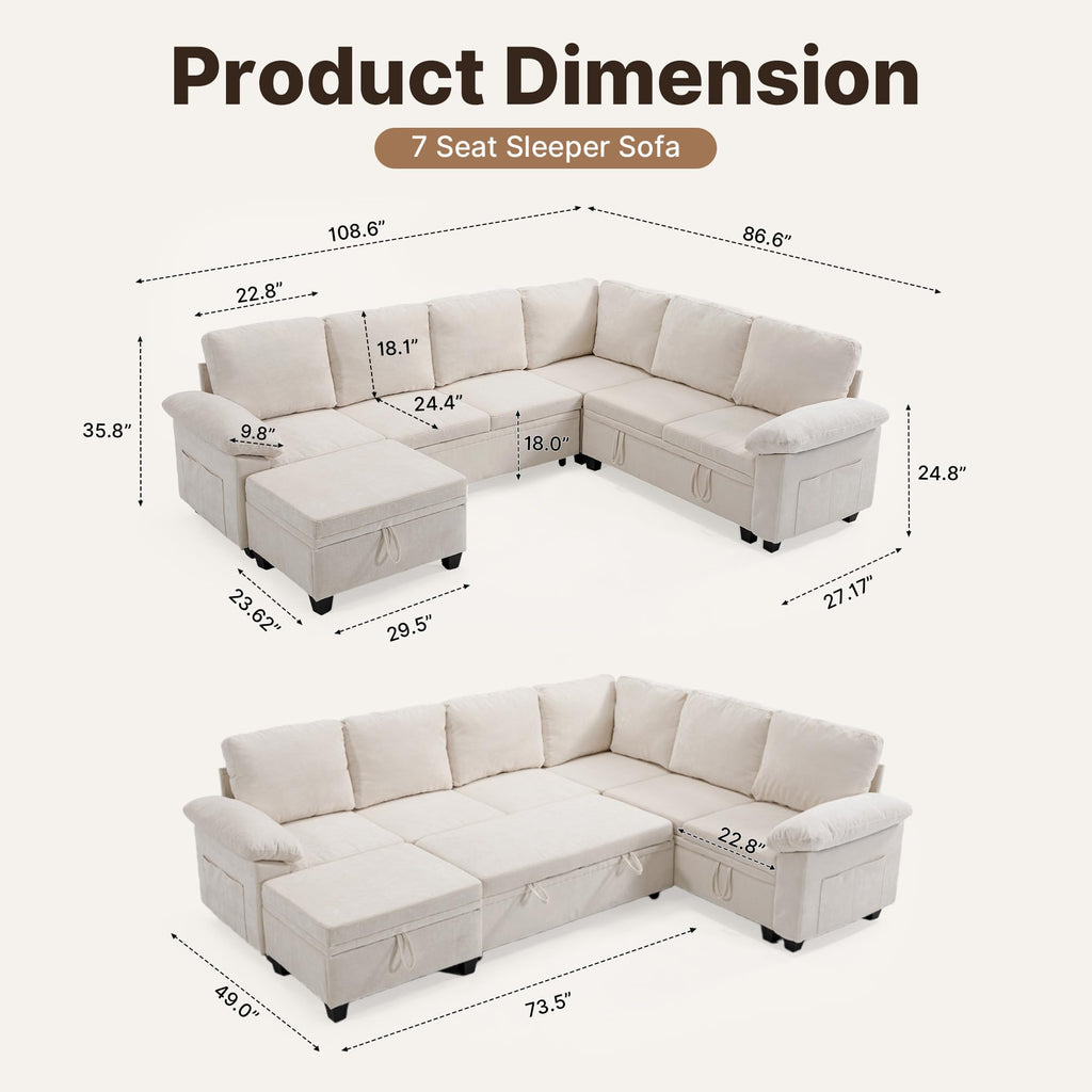 108" Modular Sectional Sleeper Sofa with Storage, L Shaped Pull Out Couch