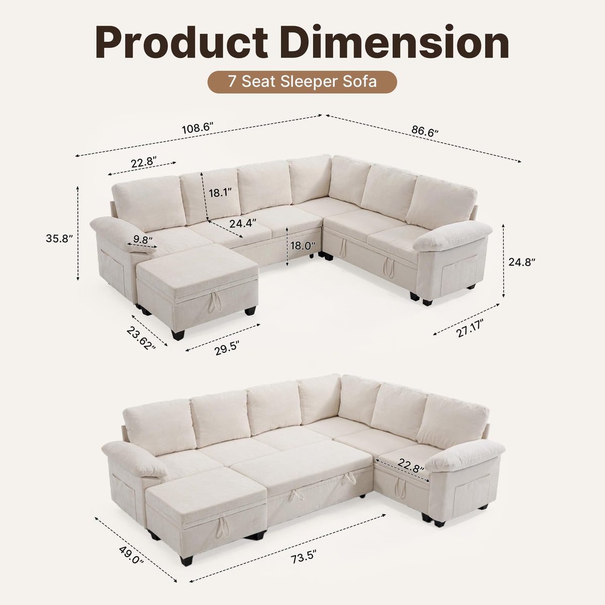 108" Modular Sectional Sleeper Sofa with Storage, L Shaped Pull Out Couch