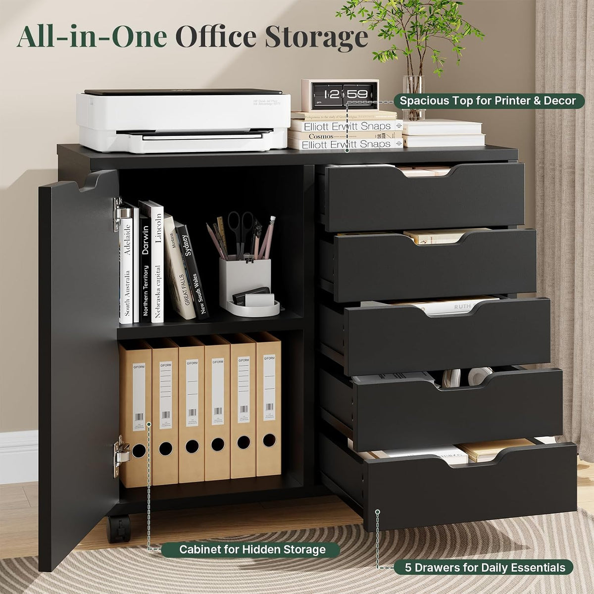 5-Drawer File Cabinet, Printer Stand with Storage, Black | Wood Under Desk with Organizer with Door and Adjustable