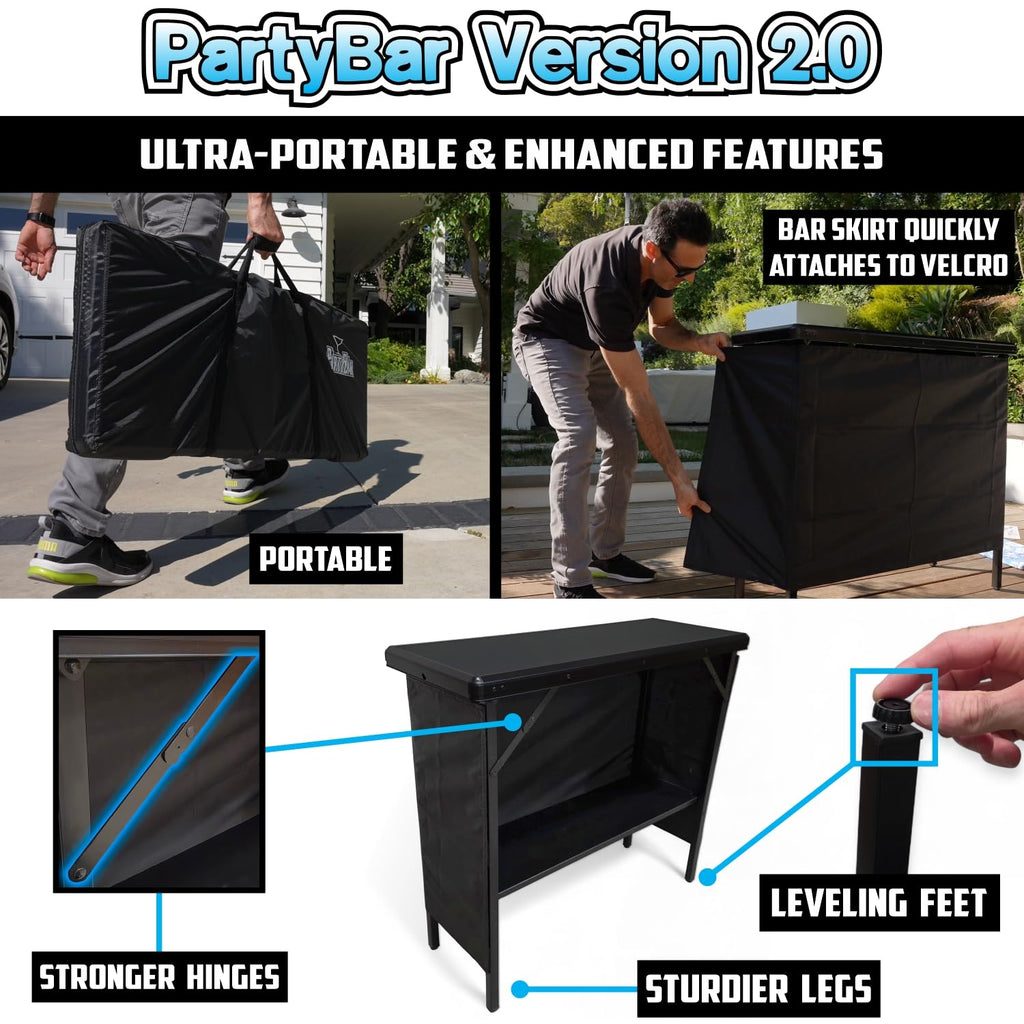PartyLife NEW & Improved Portable Bar Table w/LED Lights, Folding Steel Legs, 2 Bar Skirts, Supportive Storage Shelf