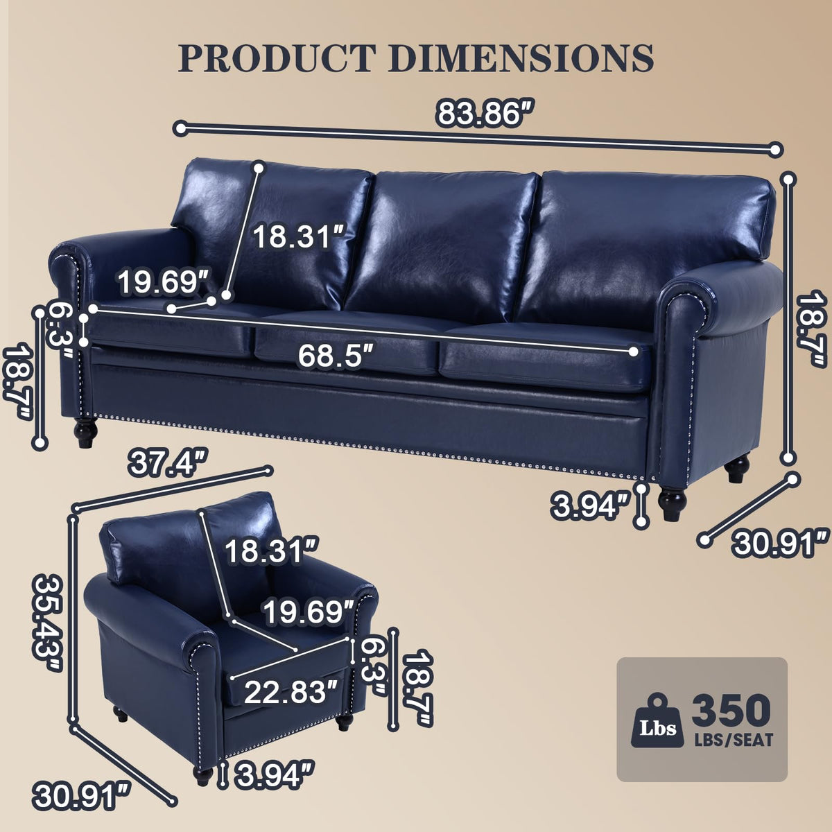 3 Piece Living Room Set, Chesterfield Sofa & 2 Accent Chairs, Faux Leather Couch Set with Nailhead Trim, Midcentury