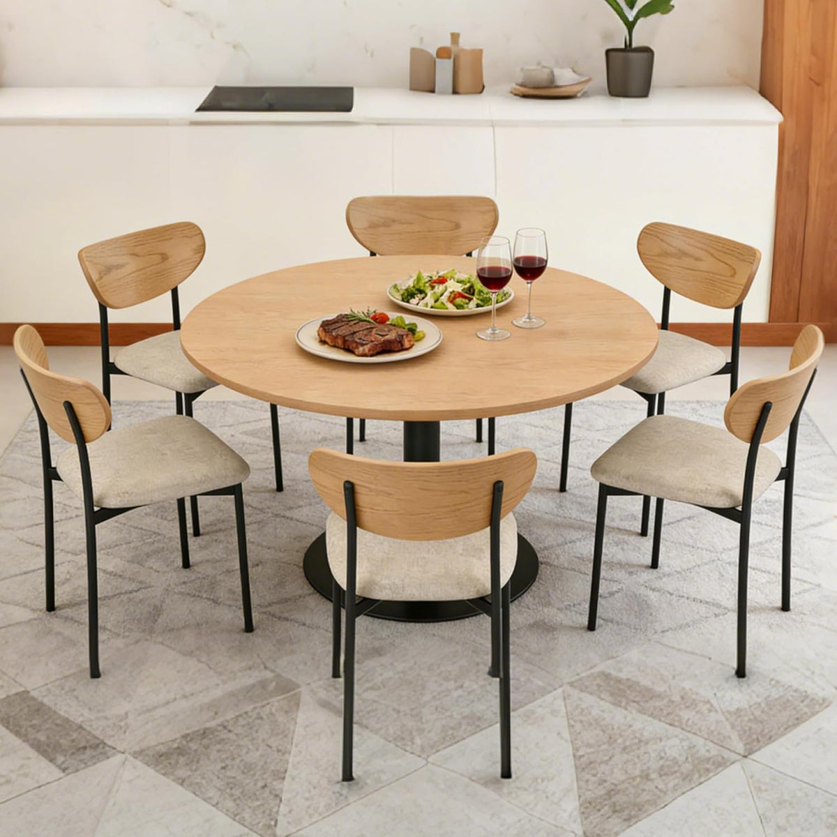 Beige Dining Chairs Set of 4, Upholstered Modern Kitchen Chairs with Curved Wood Backrest and Metal Legs for Dining Room