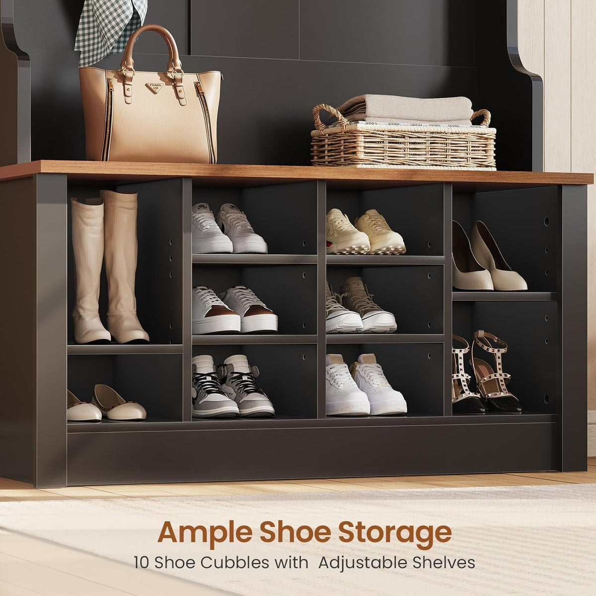 Hall Tree with Bench and Shoe Storage, 3-in-1 Entryway Bench with Coat Rack, Adjustable Shoe Storage and Hanging Hooks, Black
