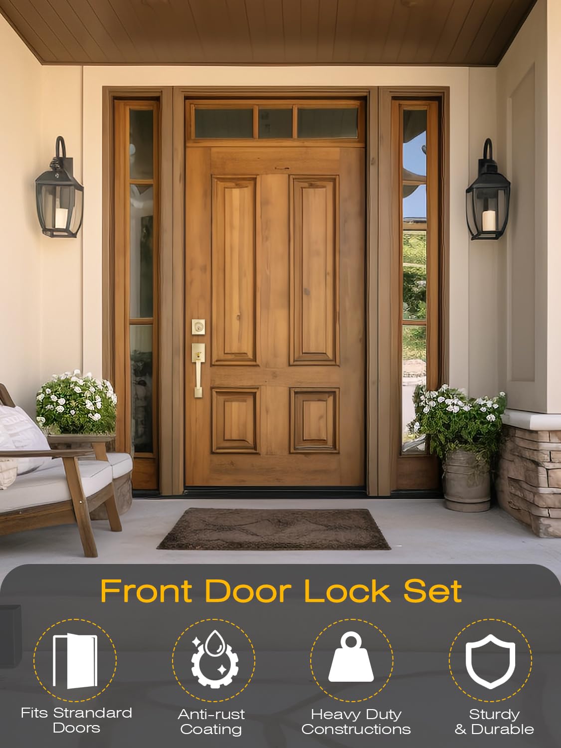 Front Door Handle and Deadbolt Set, Satin Brass Exterior Door Lock Set