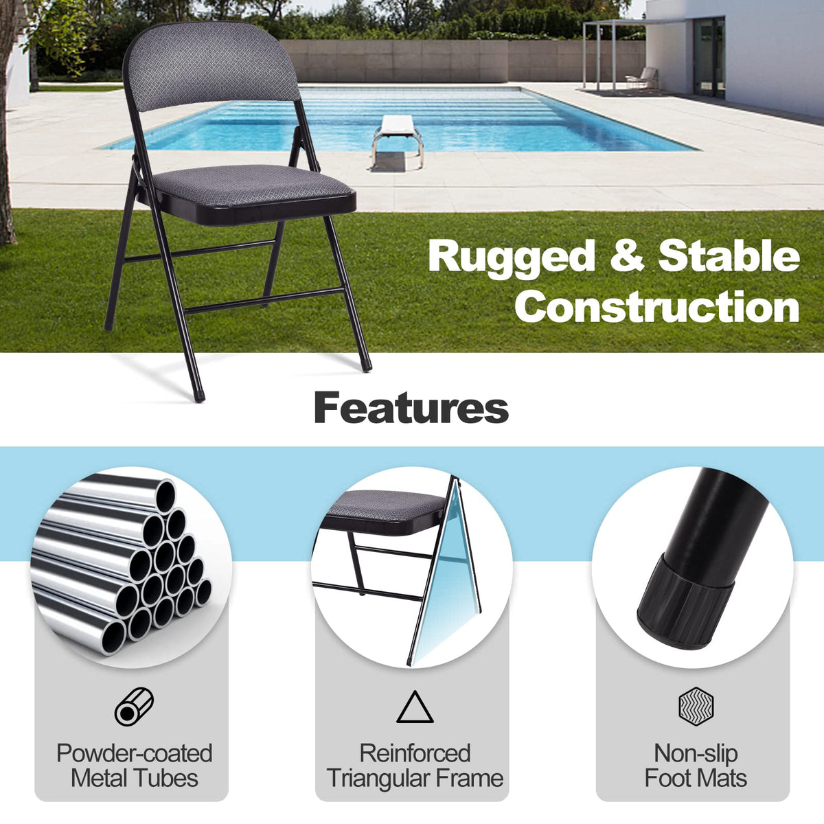 6 Pack Folding Chairs, Fabric Dining Chair Set with Padded Seat & Metal Frame, Indoor Outdoor Upholstered Commercial